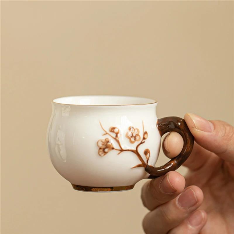 中妙1德化茶具羊脂玉手工捏花茶杯陶瓷茶具主人杯品茗杯功夫茶具