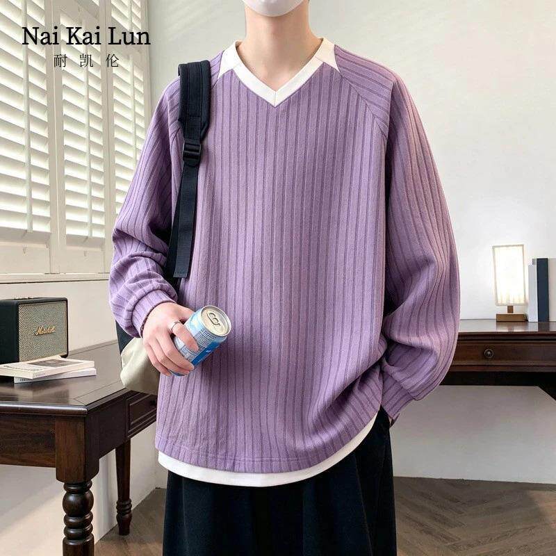 2米卡斯优选服饰青少年秋季新款撞色拼接条纹V领卫衣时尚百搭休闲