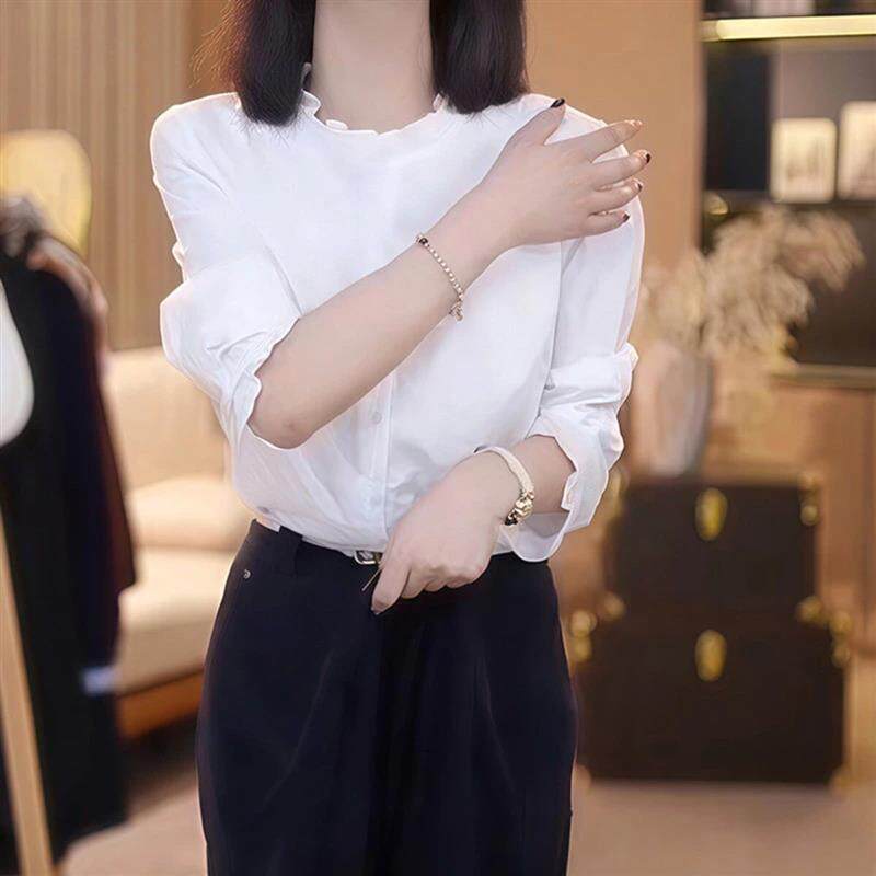 绣阁精品店3韩系高级感立领白色长袖衬衫女春秋新款衬衣气质