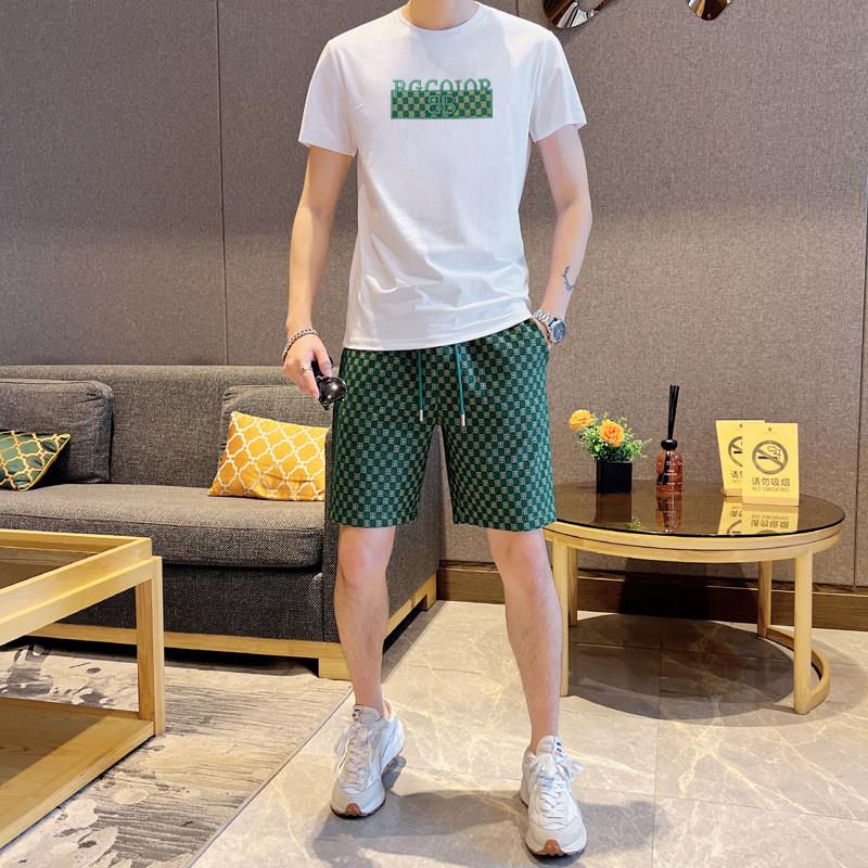欧货轻奢冰丝男装套装白T绿格子五分裤中青年百搭休闲两件装男潮
