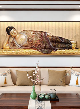 新中式卧佛释迦牟尼佛像画像茶室实木装饰画禅意佛堂背景墙挂画