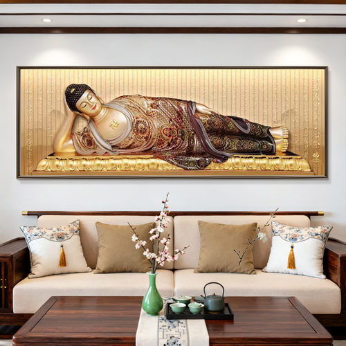 新中式卧佛释迦牟尼佛像画像茶室实木装饰画禅意佛堂背景墙挂画