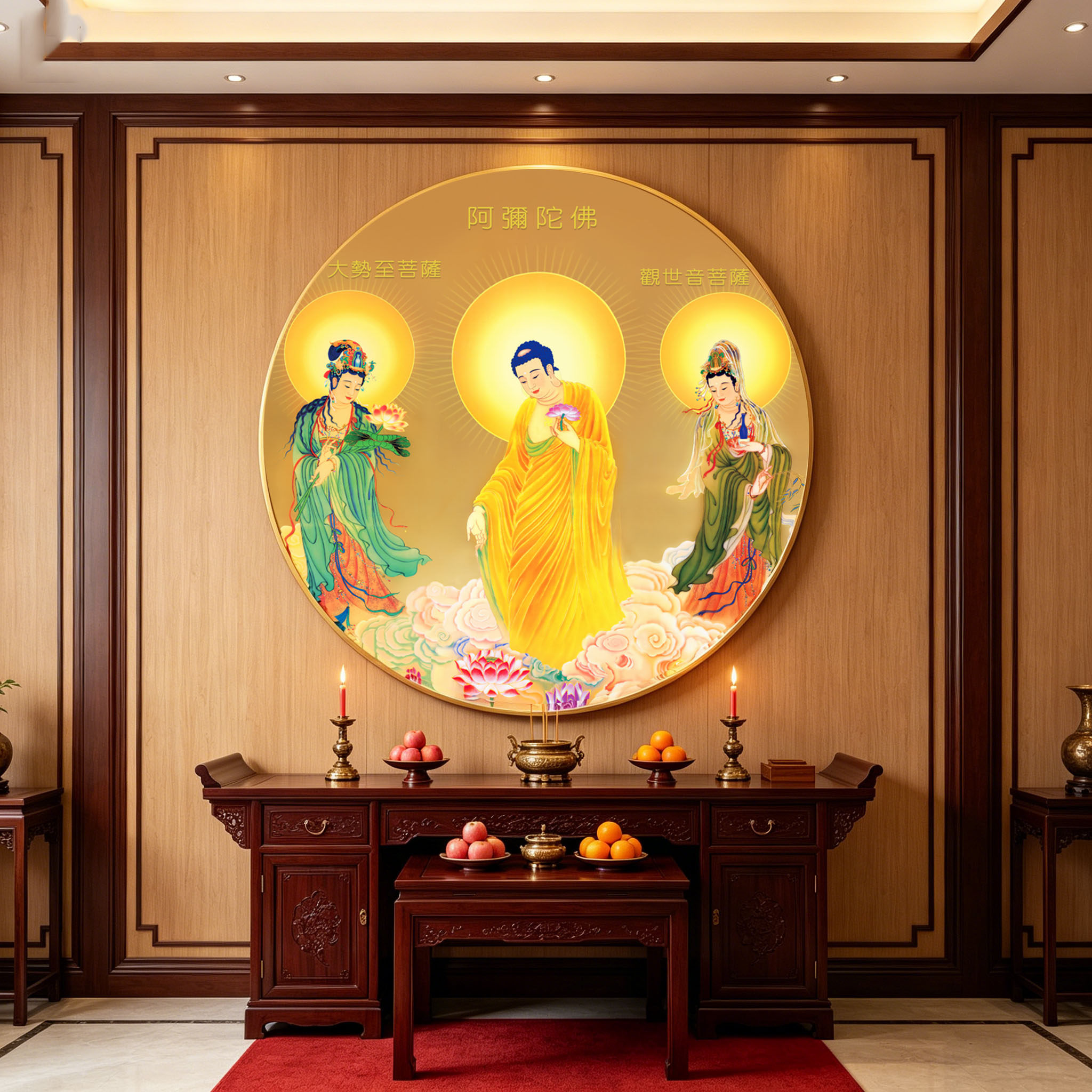 西方三圣阿弥陀佛观音菩萨客厅佛堂佛像背景墙圆形LED灯装饰画