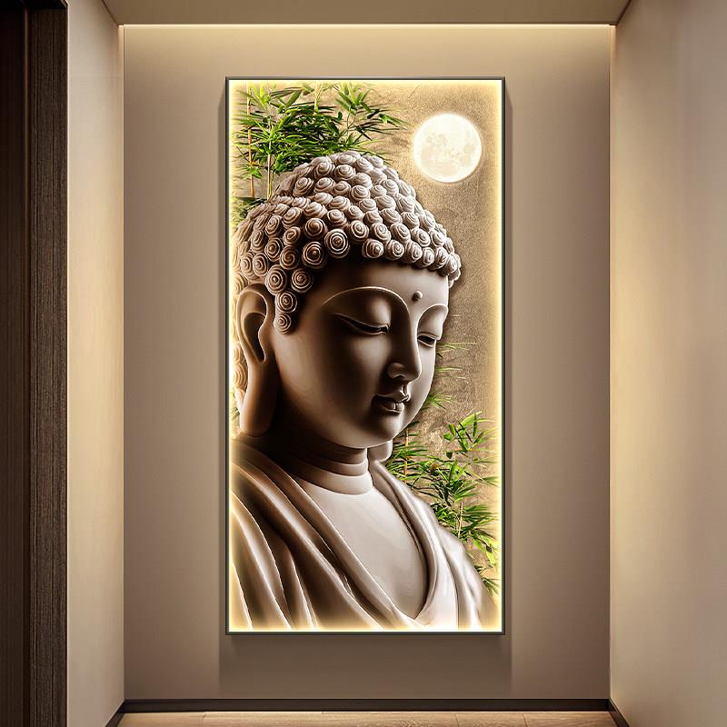 释迦牟尼佛佛祖画像玄关装饰画禅意佛像佛堂壁画新中式竹子带灯挂