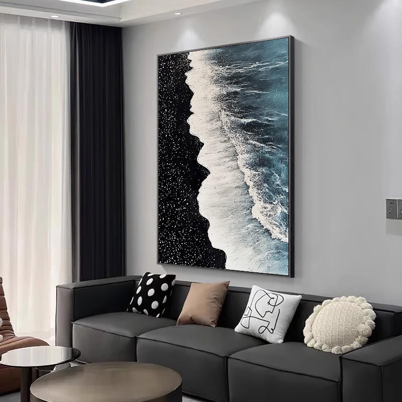 高清微喷晶瓷画海浪现代简约黑白平面客厅装饰画抽象布面高级感玄图片