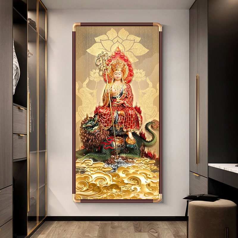 地藏王菩萨画像结缘佛像骑谛听坐像实木铜角家用供奉佛堂装饰画