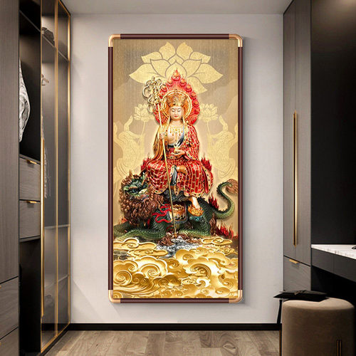 地藏王菩萨画像结缘佛像骑谛听坐像实木铜角家用供奉佛堂装饰画