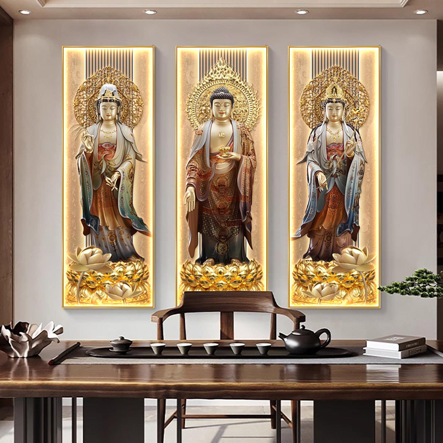 观世音菩萨装饰画寺庙佛堂背景墙接引图供奉挂画西方三圣中堂壁画