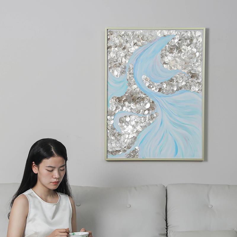 轻奢布面感高清微喷晶瓷画高档贝壳装饰画客厅墙饰挂画入户玄关走图片