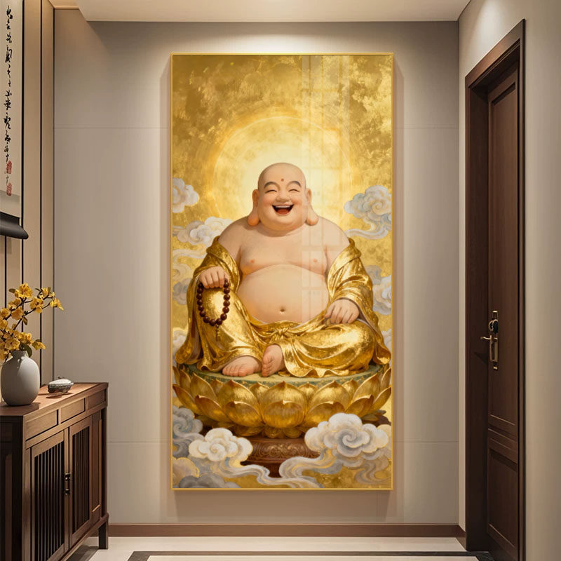 弥勒佛画像挂画大肚佛笑佛供奉招财佛堂供奉挂画LED带灯装饰画