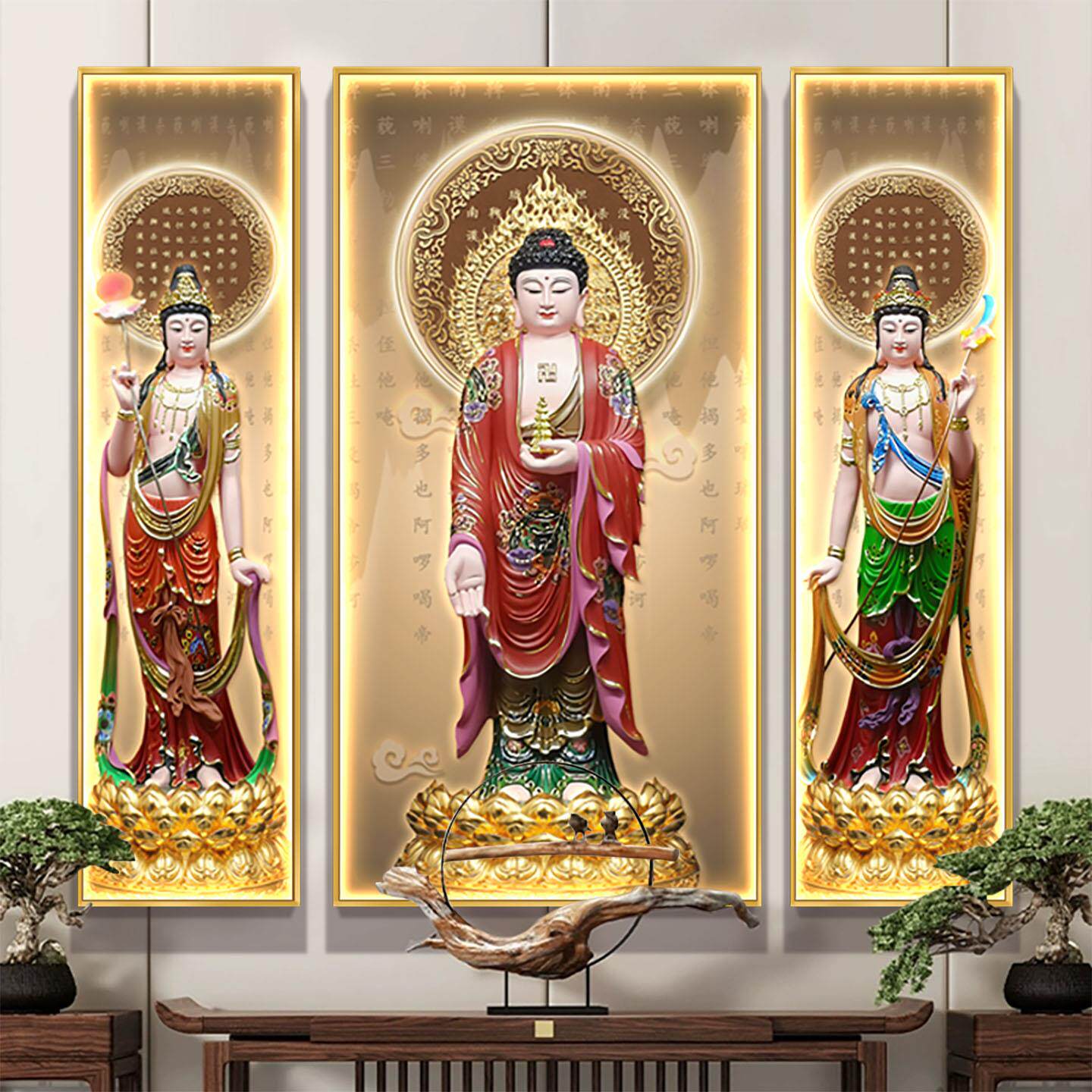 东方三圣佛像挂画家用供奉药师佛日月光菩萨佛堂背景墙壁画装饰画