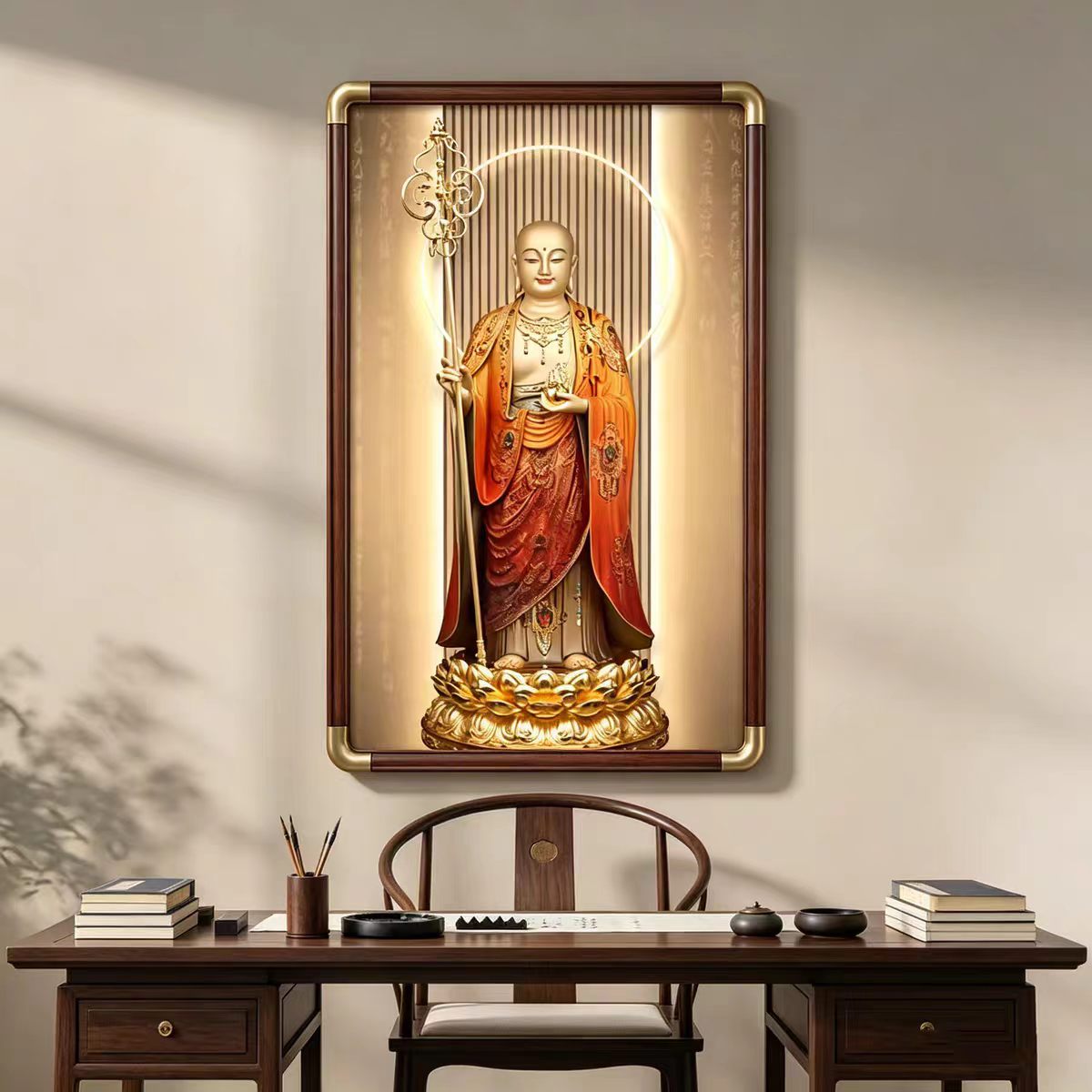 地藏王菩萨佛像结缘实木寺庙供奉画像背景墙中堂装饰画佛堂挂画