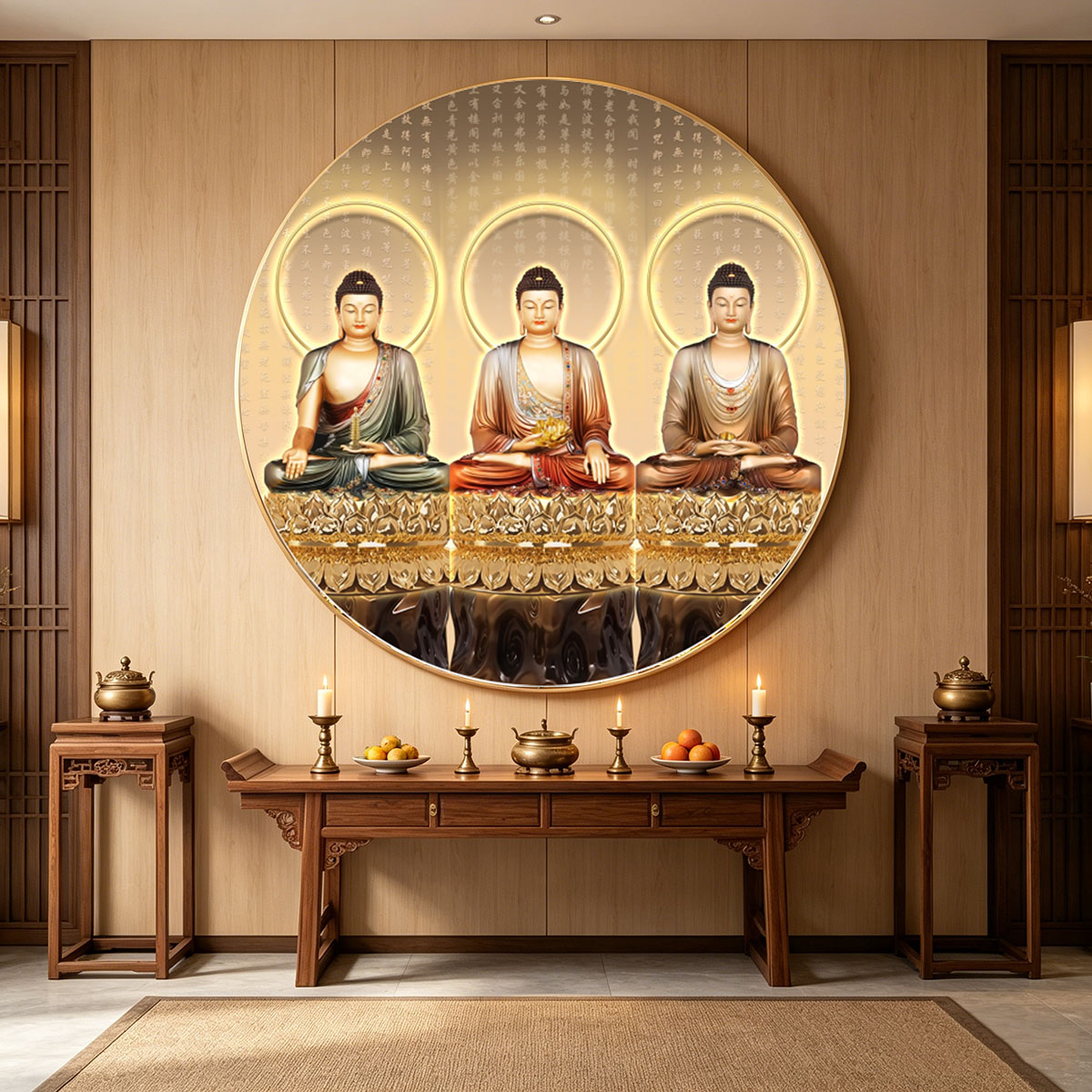 三世三宝佛画像药师佛释迦牟尼阿弥陀佛堂供奉圆形LED灯装饰画