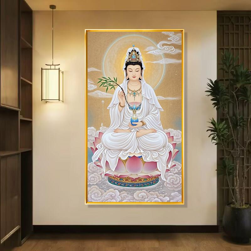 成品画2026新款竖版观音晶瓷挂画坐莲观音装饰画莲花菩萨壁画供台