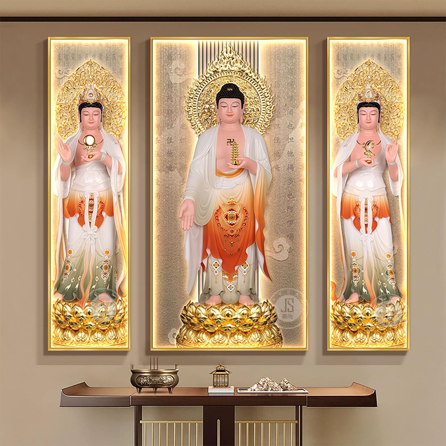 东方三圣佛像供奉挂画药师佛日光月光菩萨佛堂背景墙佛龛带灯壁画