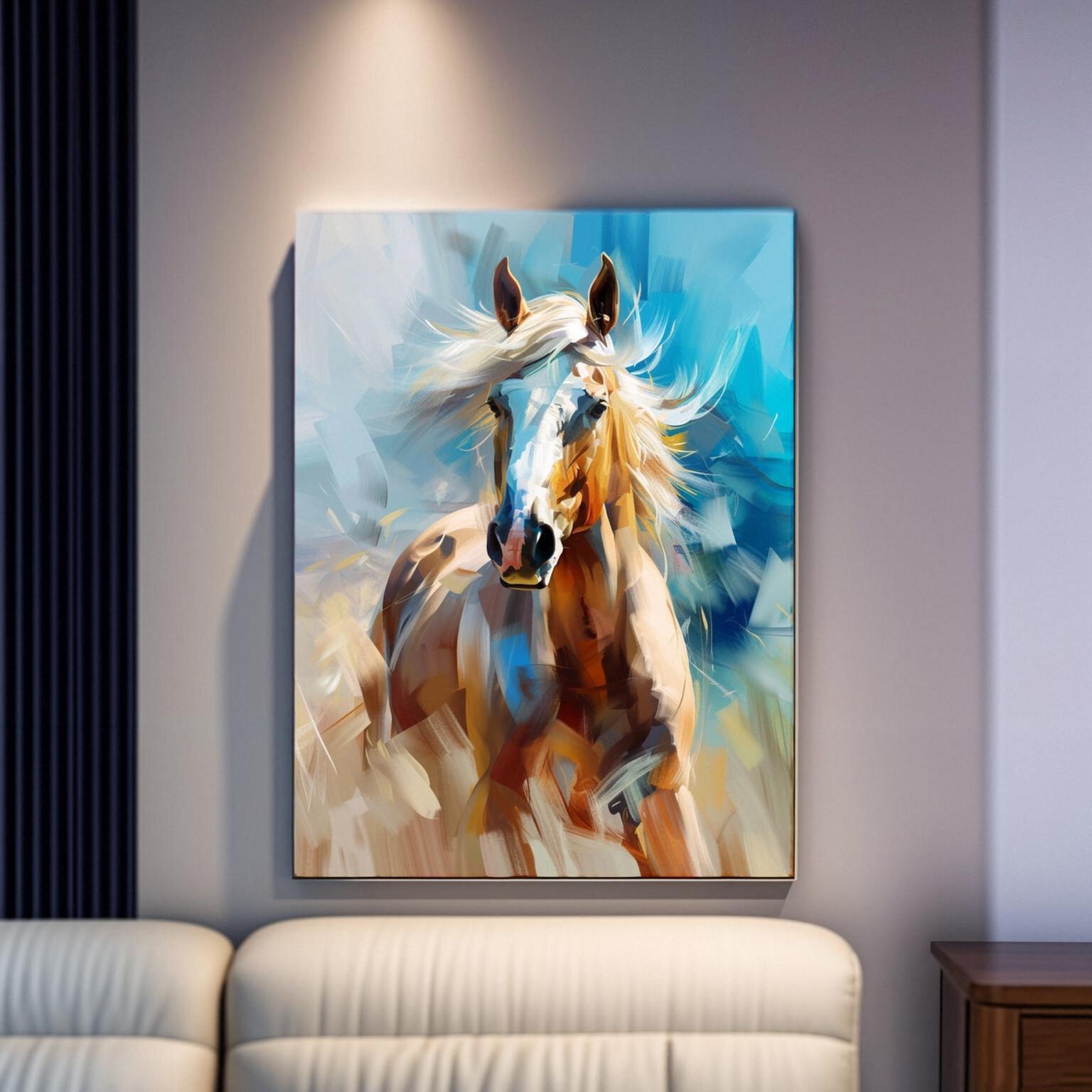 纯手抽工晶瓷画马白微喷装饰画象新中式玄关客厅彩色奔驰色骏马挂图片