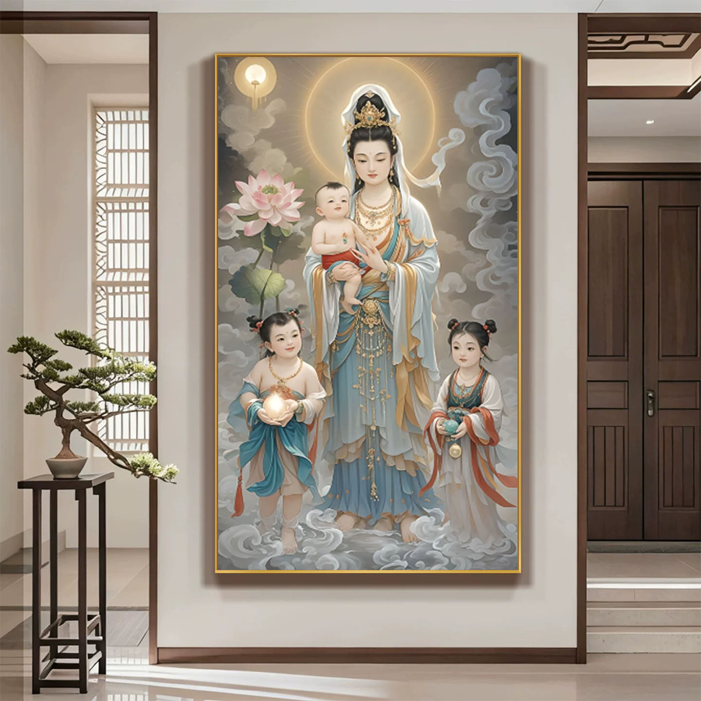 送子观音挂画像求子送子娃娃五子观音图中式画像LED带灯装饰画