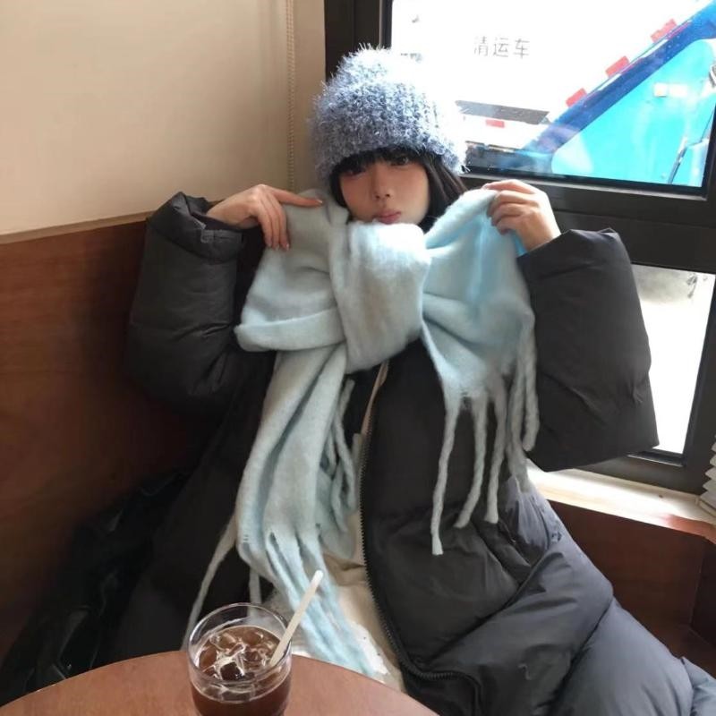 超软糯~婴儿蓝仿羊绒纯色围巾女生冬季保暖加厚防寒围脖雪山度假