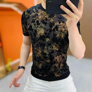 尊梵仕云客服饰专卖夏季男圆领短袖T恤潮流时尚植绒花卉印花修身