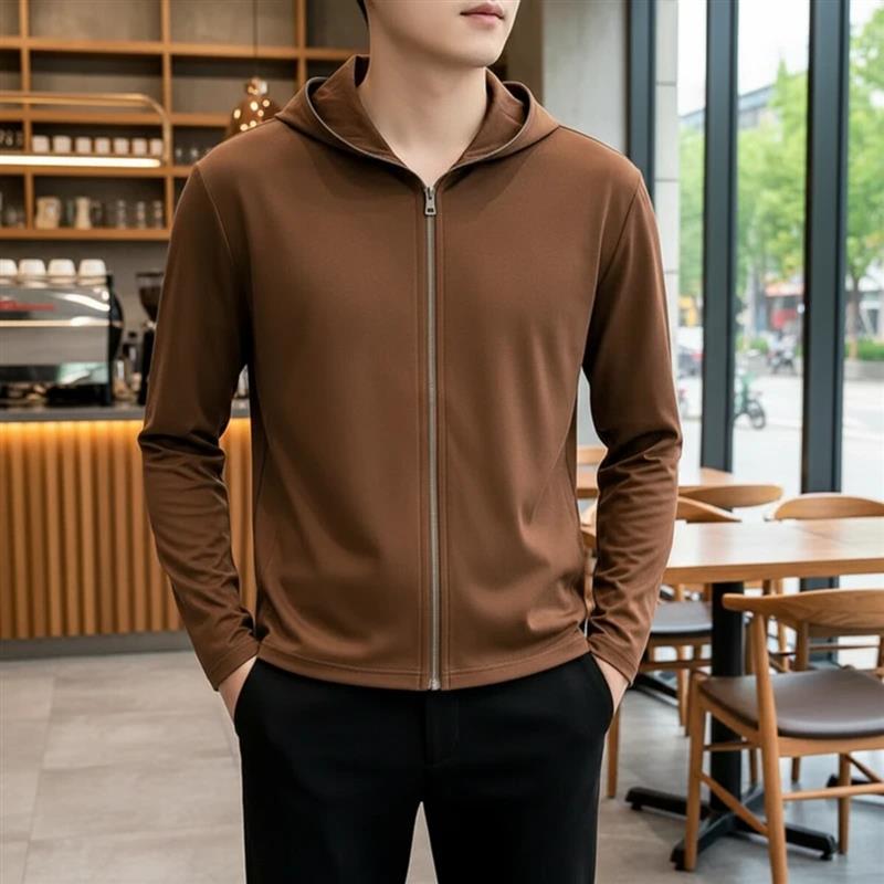 3万申臻选服饰初秋纯色连帽拉链开衫薄款防晒外套男士夹克百搭披