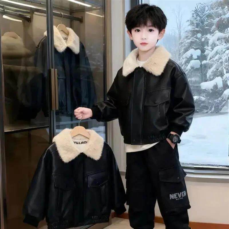 艾蕾童装优选男童加绒加厚夹克外套冬季儿童皮衣机车夹克冬装外套