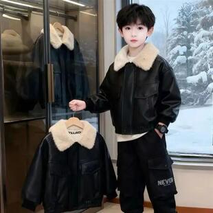 艾蕾童装优选男童加绒加厚夹克外套冬季儿童皮衣机车夹克冬装外套