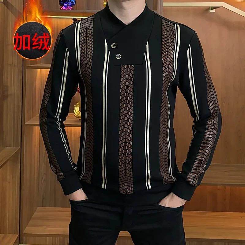 伍柒陆冬季加绒时尚潮流百搭围巾领男装修身条纹内搭衣男长袖厚棉