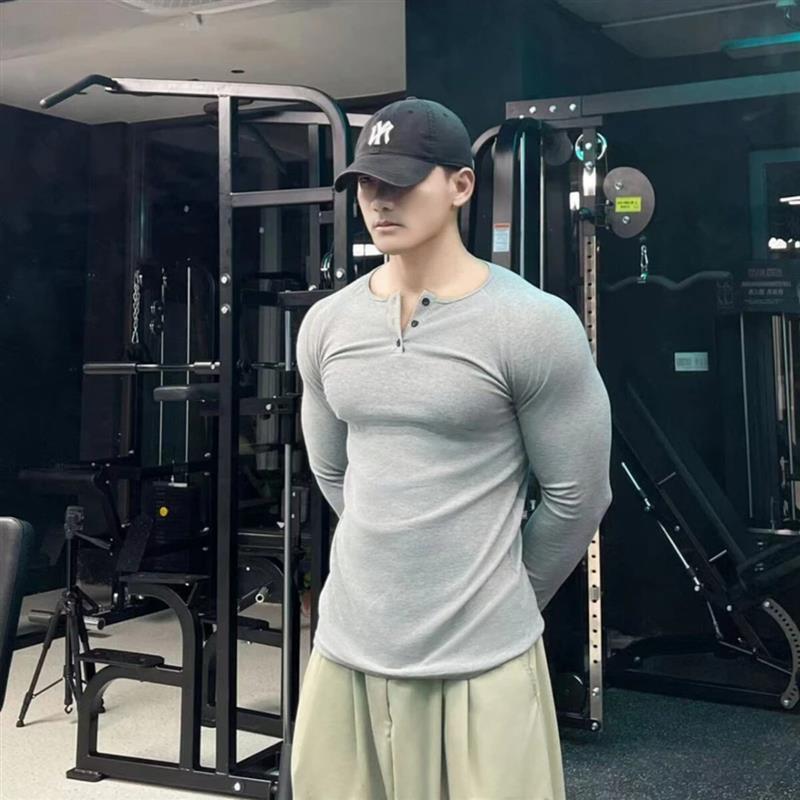 JINXI轻奢亨利衫螺纹显大长袖健身运动紧身棉修身长袖男士训练服