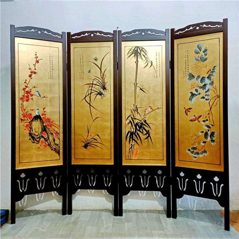 四季花屏风金箔底双面手绘梅兰竹菊酒店餐厅活动隔断实木边框屏风