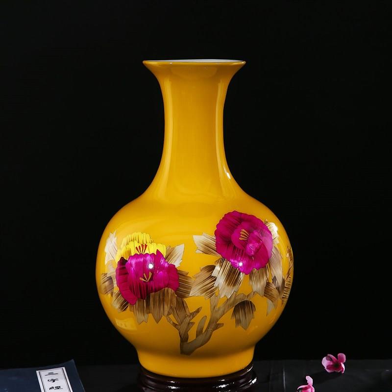 景德镇陶瓷器红黄蓝色牡丹插花瓶中式装饰居家客厅桌面简约摆件