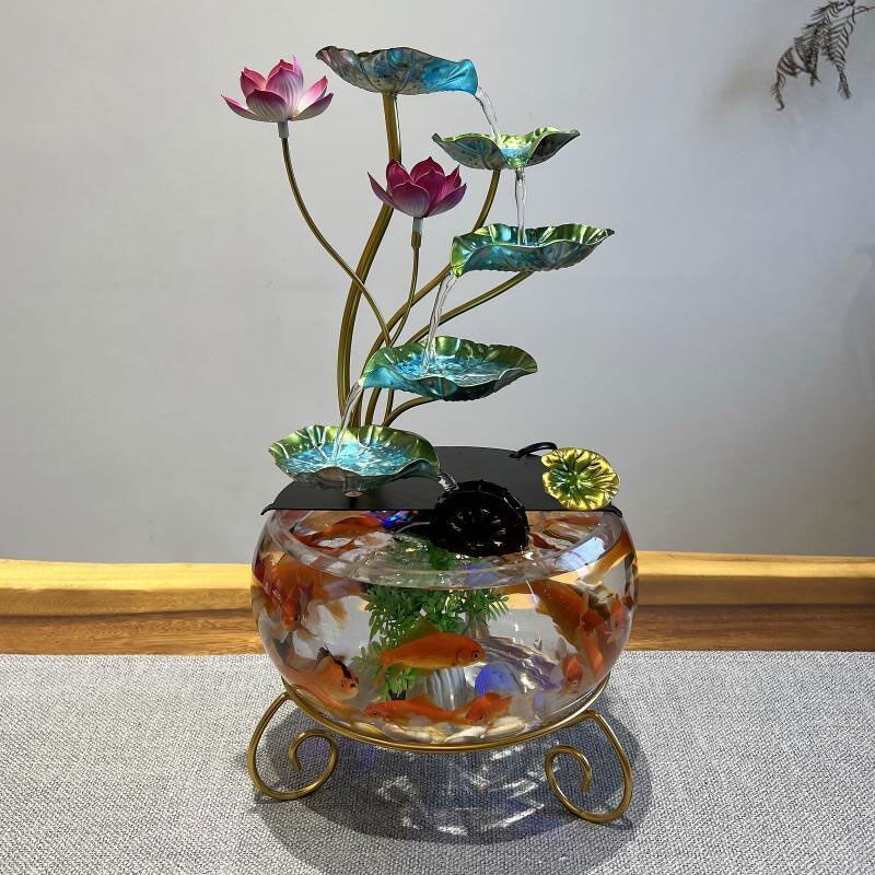 创意玻璃鱼缸大号荷花招财流水摆件循环风水轮玄关桌面装饰开业礼