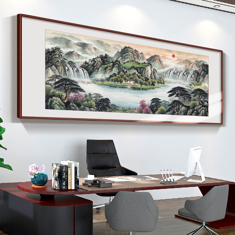 纯手绘中式挂画客厅字画挂画流水生财沙发山水办公室背景墙壁聚财