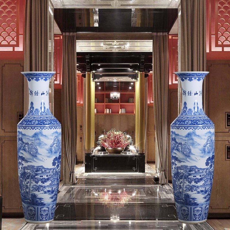 景德镇陶瓷青花瓷花瓶落地式大花瓶装饰品家居客厅公司乔迁之喜开