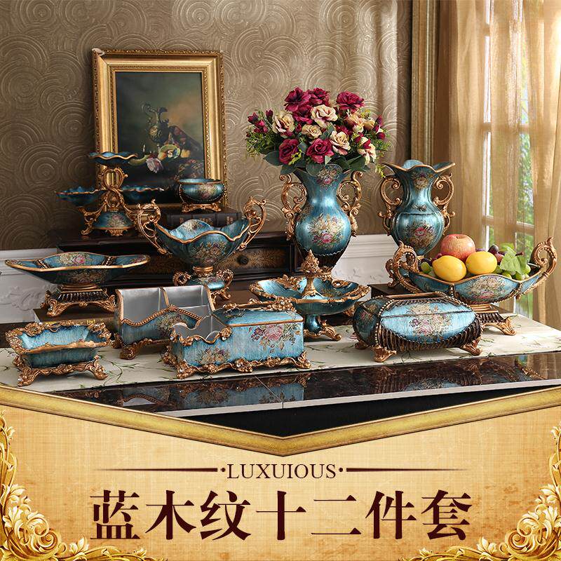 欧式大号花瓶水果盘纸巾盒烟灰缸复古家居套装树脂摆件创意装饰品