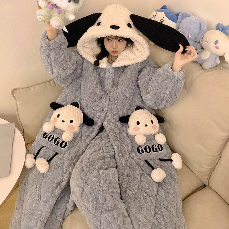 珊瑚绒睡衣女秋冬款三层夹棉加厚加绒冬季长款卡通睡袍家居服套装