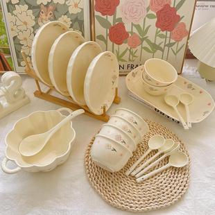 整套釉下彩陶瓷器家庭用大汤碗米饭碗深盘碗勺组合 奶油风餐具套装