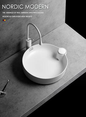斯堪的纳维亚台面陶瓷哑光白色和黑色洗手盆家庭阳台圆形洗手盆隐