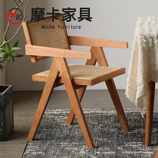 户外实木藤编餐椅家用靠背扶手椅北欧编藤中古椅庭院阳台休闲椅