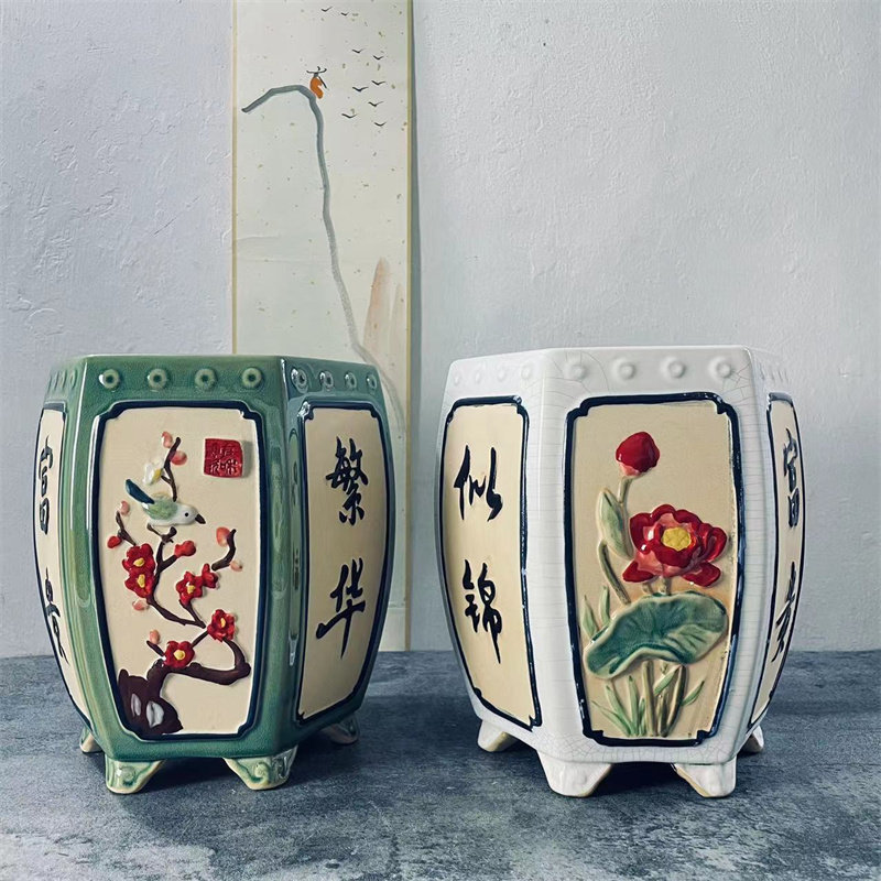 中国风手彩陶瓷艺术陶瓷花盆黄杨罗汉松兰花绿植花盆包邮