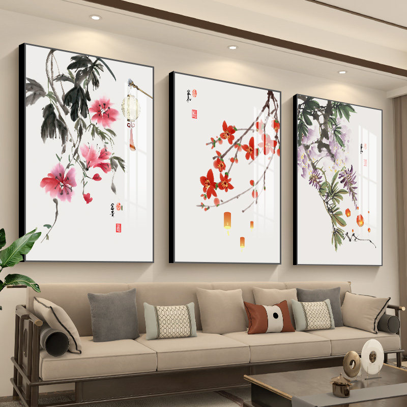 客厅装饰画沙发背景墙挂画新中式壁画中式山水画三联竖版墙画复古