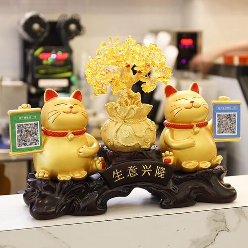 金色招财猫收银台前台二维码收款码摆件装饰多功能店铺开业送礼