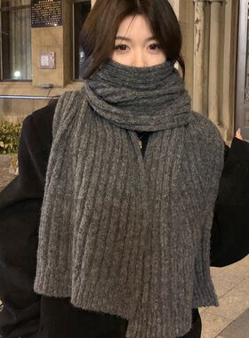 韩版羊毛混纺针织纯色毛线情侣灰色围巾女秋冬加厚保暖百搭围脖男