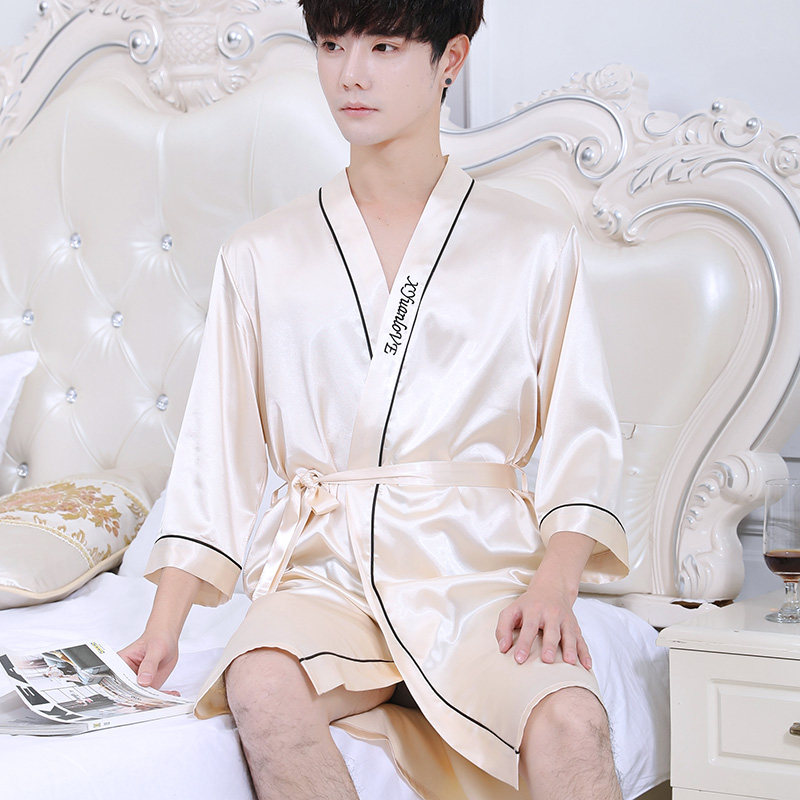 夏季男士睡袍冰丝睡衣长袖浴袍丝绸薄款家居服短袖新款春秋款大码