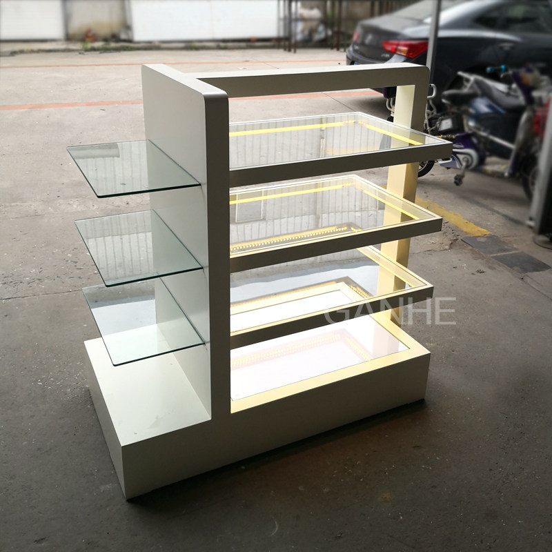 展示中岛玻璃烤漆展柜化妆品饰品展示柜精品展柜带灯柜子商场展架