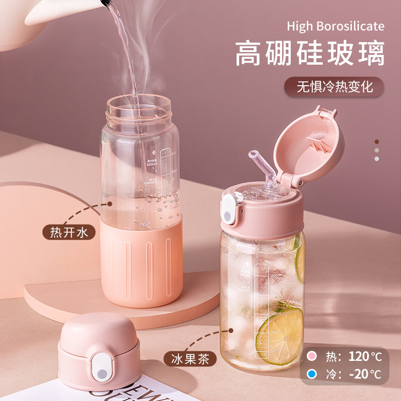 孕妇带吸管杯子产妇专用水杯女生糖耐大人高颜值耐高温刻度玻璃杯
