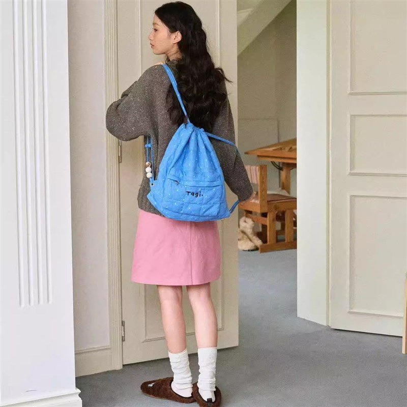 Tagi黄格子背包糖葫芦珍珠亚克力串珠可爱抽绳大容量帆布双肩包女