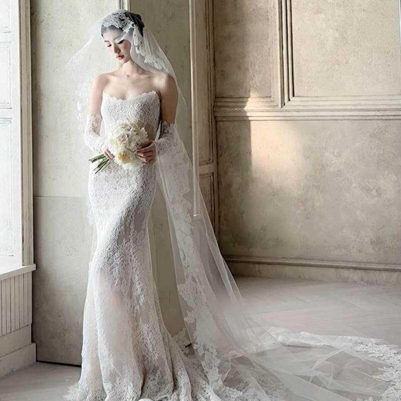 婚纱头纱新娘结婚主婚纱造型长款大拖尾高级感韩式简约复古蕾丝纱