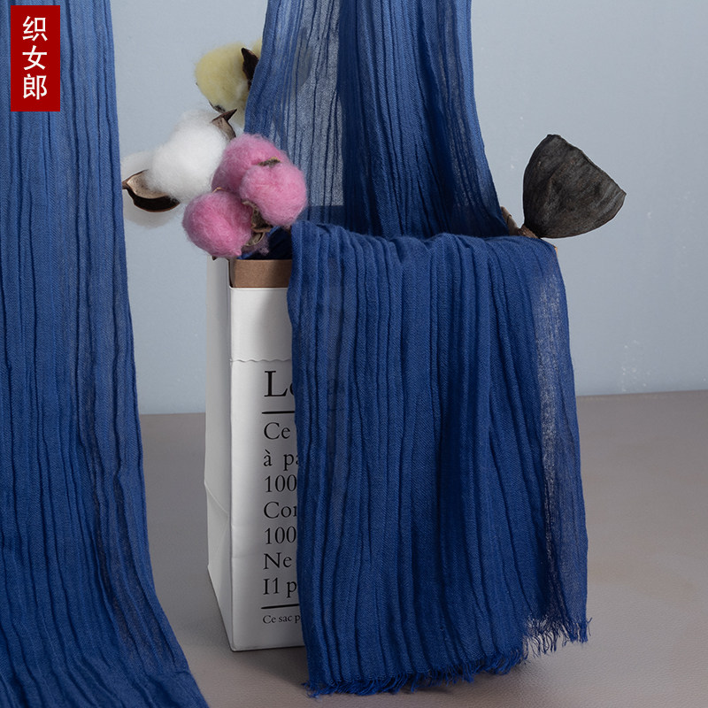 渐变宝蓝色棉麻围巾女士秋冬春夏季搭肩丝巾细长条薄文艺护颈围脖