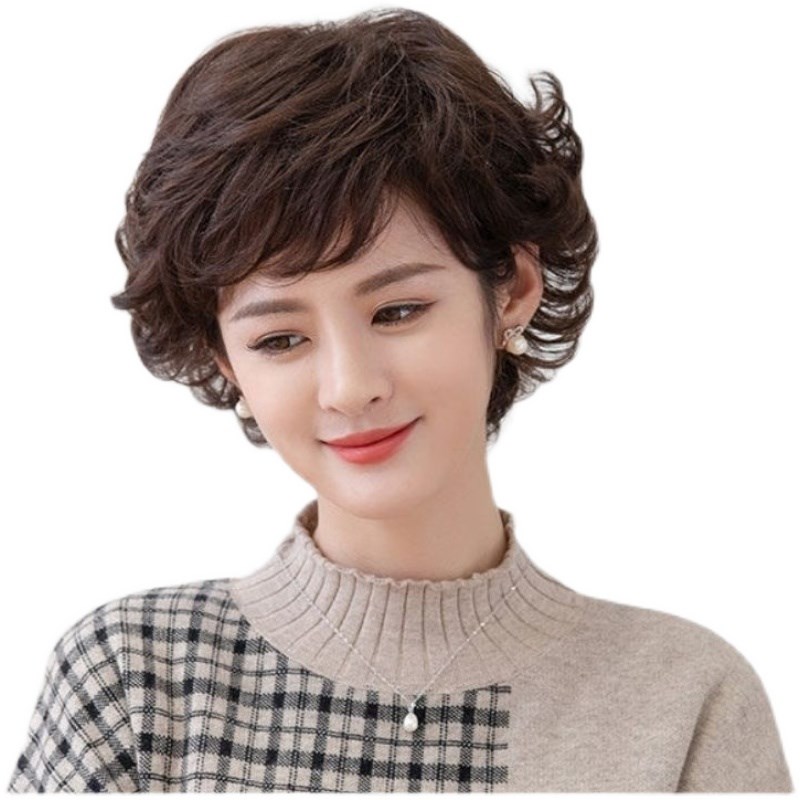 时尚妈妈假发女短发真人发中老年假发套古风短卷发翻翘假发全头套