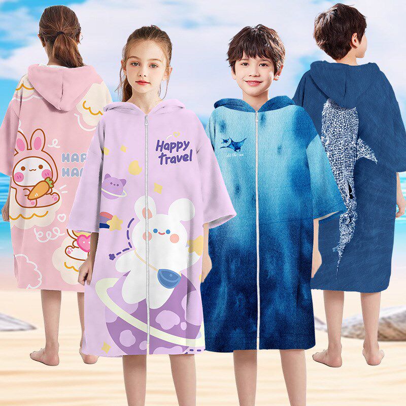 速干双面绒儿童浴巾斗篷浴袍可穿式男孩女孩宝宝游泳沙滩巾带帽夏